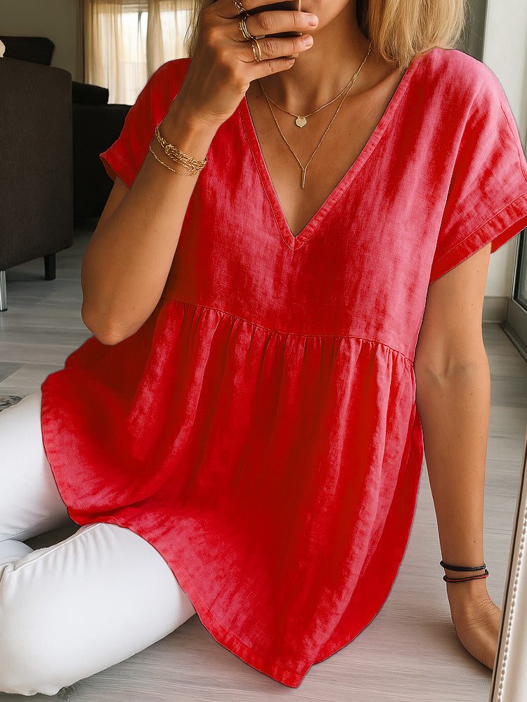 Women's Casual Loose-Fit Fashion Cotton-Linen Short-Sleeve Top