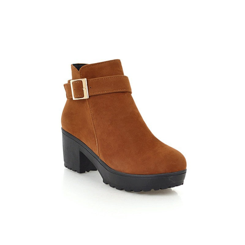 Mid Heel Boots Women's Shoes Belt Buckle Large Size 40-48 Suede Martin Boots