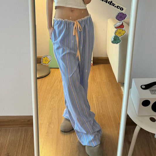Lace-panelled Elastic-waist Drawstring-cinched Loose-fitting Pants