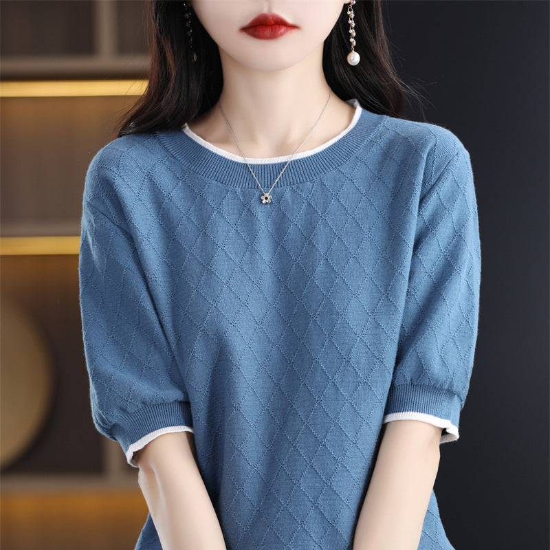 100 Cotton Knitted Short-sleeved Women's Loose Slimming Pullover Thin Bottoming T-shirt