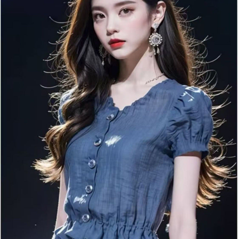Summer French Blue Puff Sleeve Short Shirt