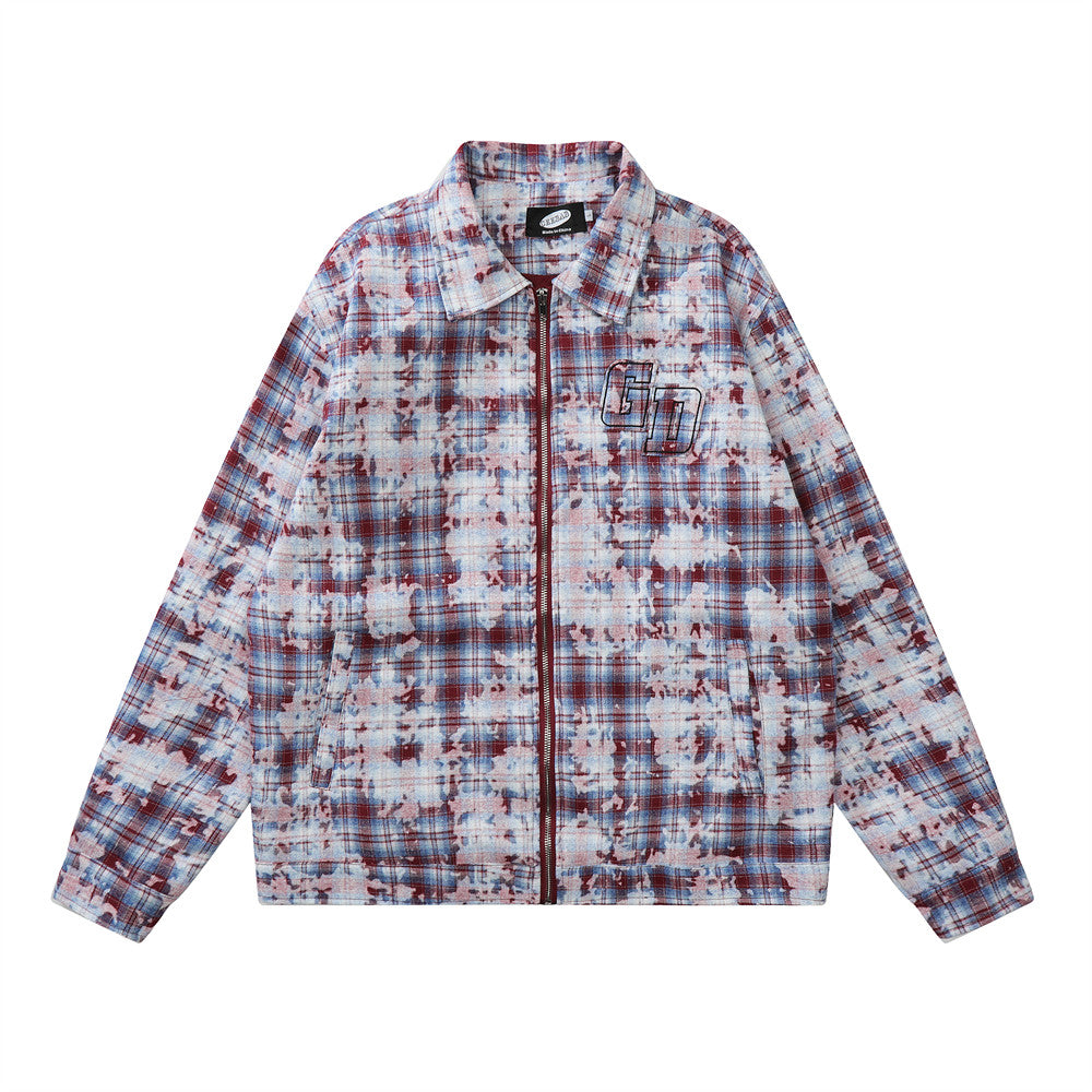 Tie-dyed Distressed Plaid Shirt Jacket Men