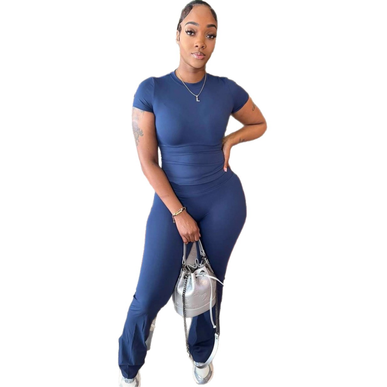 Fashionable Solid-Color Slim-Fit Stretchy Versatile Short-Sleeve Top And Pants Set