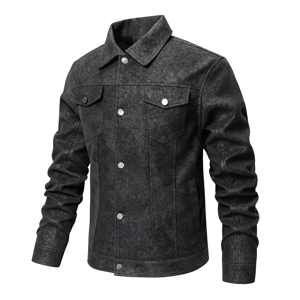 Men's Lapel Leather Jacket Chest Button Pocket Casual Slim Fit