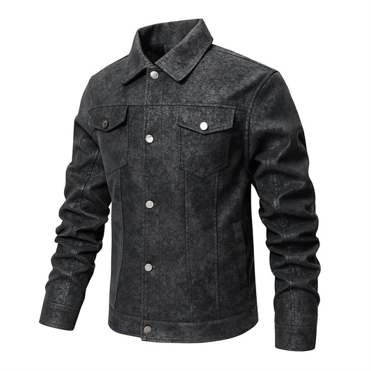 Men's Lapel Leather Jacket Chest Button Pocket Casual Slim Fit