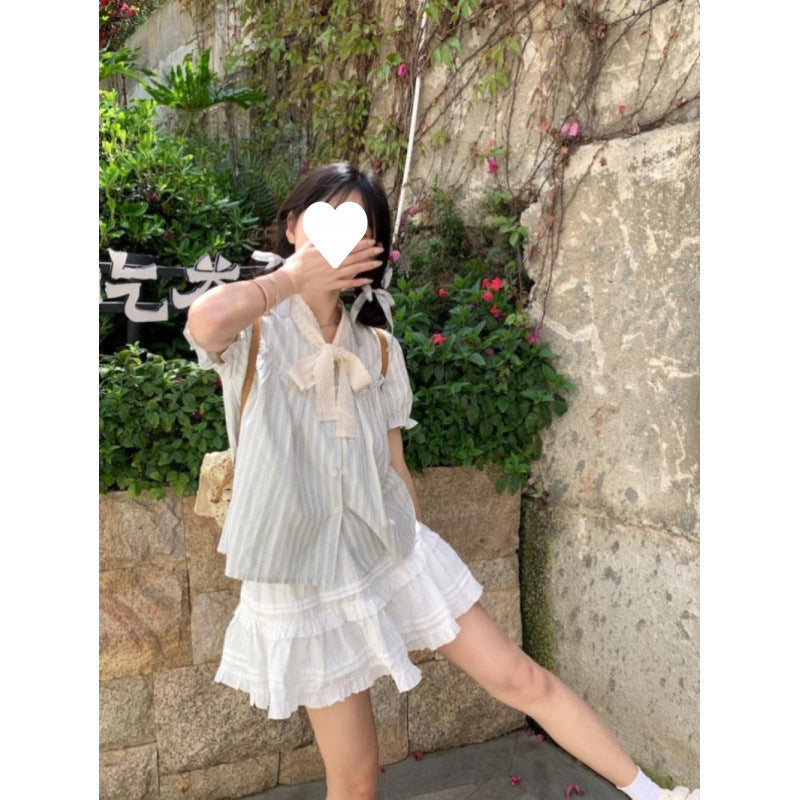 Bow Chic Lace Puff Sleeve Striped Shirt