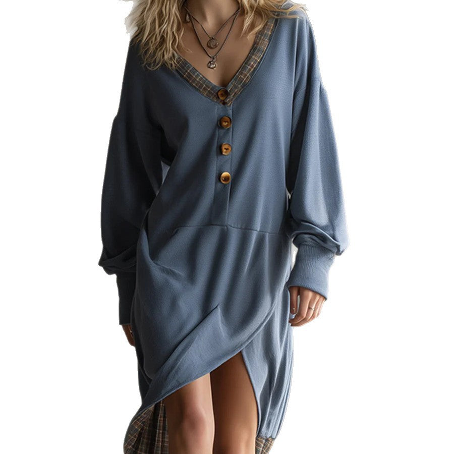 Double Sided Fleece Fabric Dress With A V Neck Long Sleeves And A Contrasting Hem And Neckline