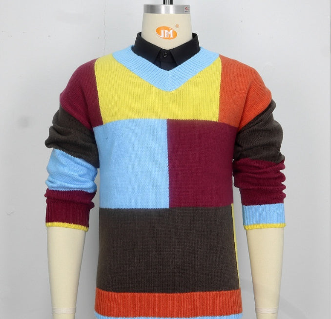 Herre strik V-hals, farveblok, langærmet pullover