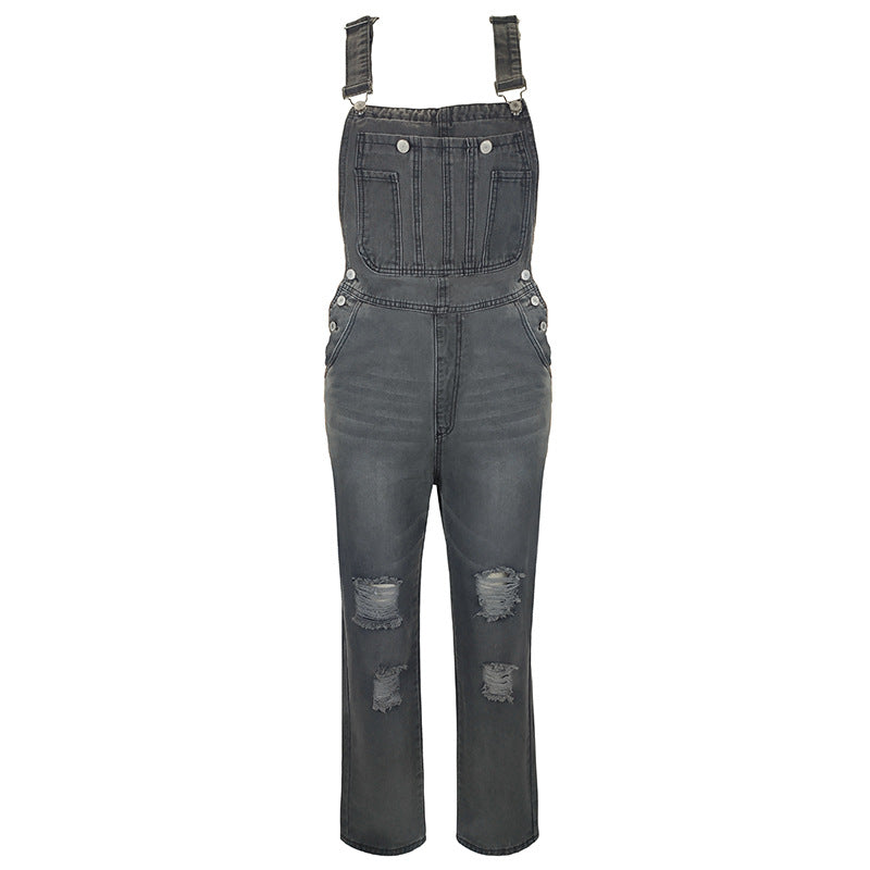 Jumpsuit Women's Fashion Denim Ripped Hole Cut Solid Color Overalls