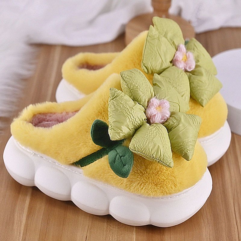 Flower Cotton Slippers With Plush Insulation And Thick Bottom Plush