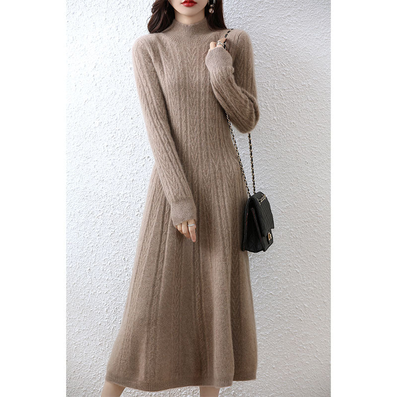 Base Skirt Paired With A Dress Featuring A High-neck Design And A Length Below The Knee