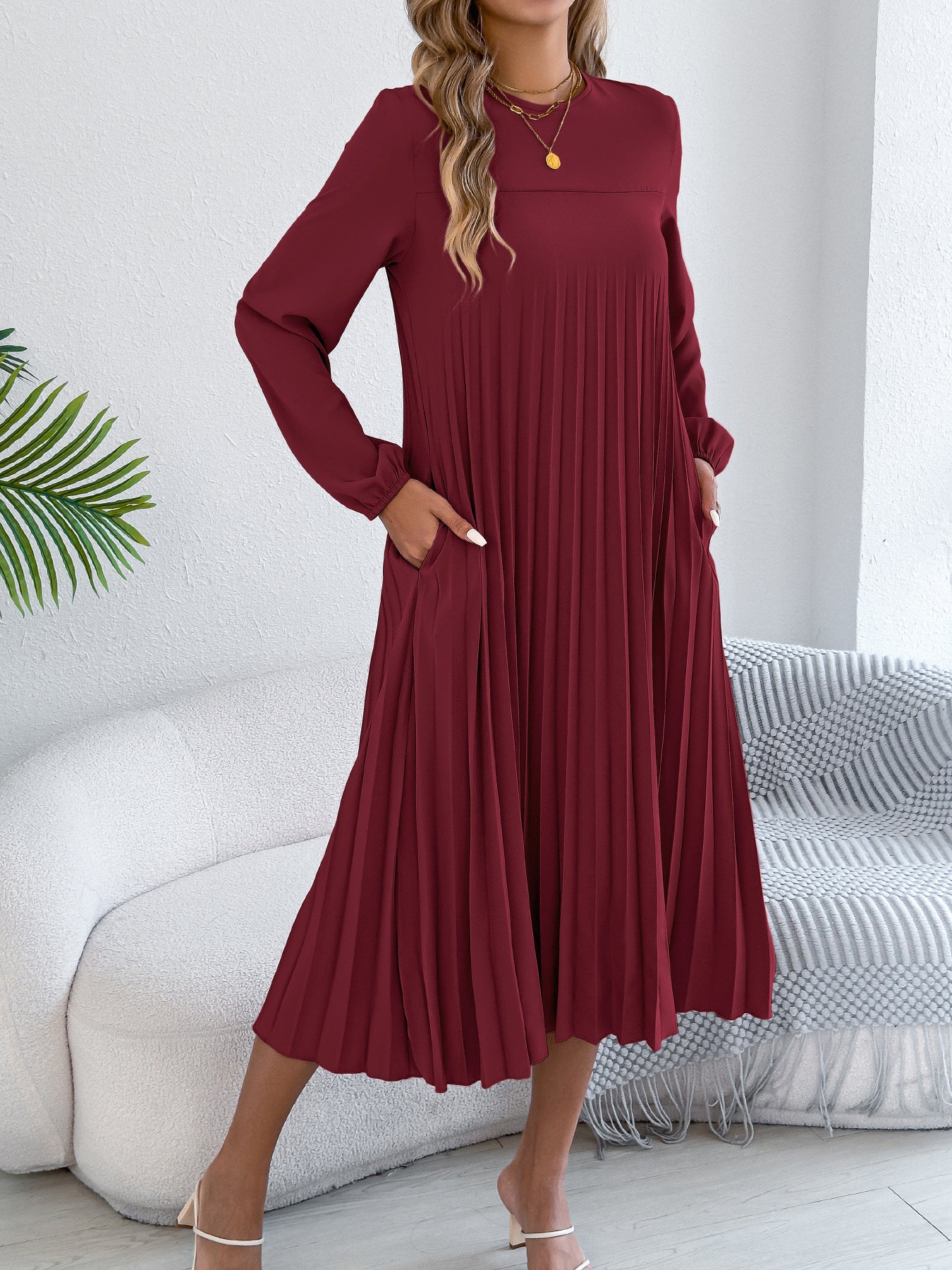 Casual Solid-color Long-sleeve Pocket Pleated Dress