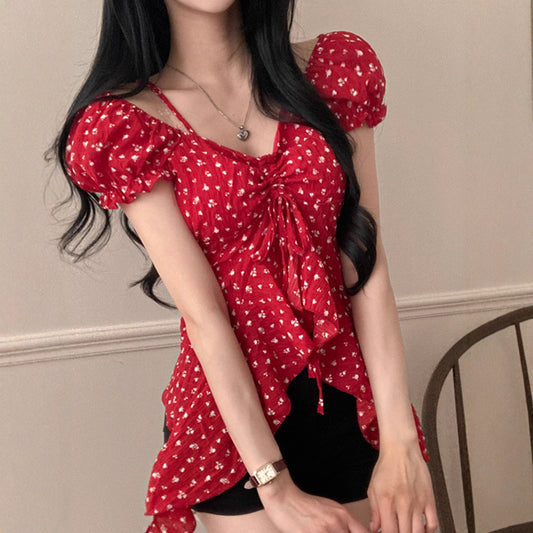 New Womens French-style Floral Asymmetrical Top
