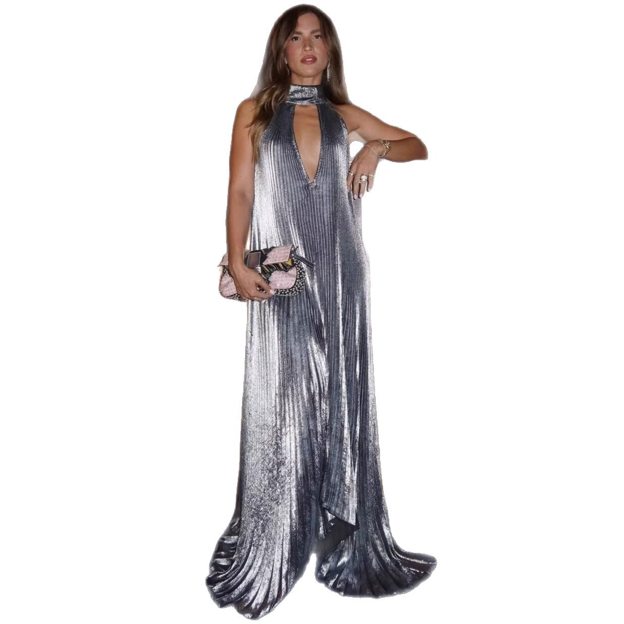 Metallic Solid-color Sleeveless Backless Dress