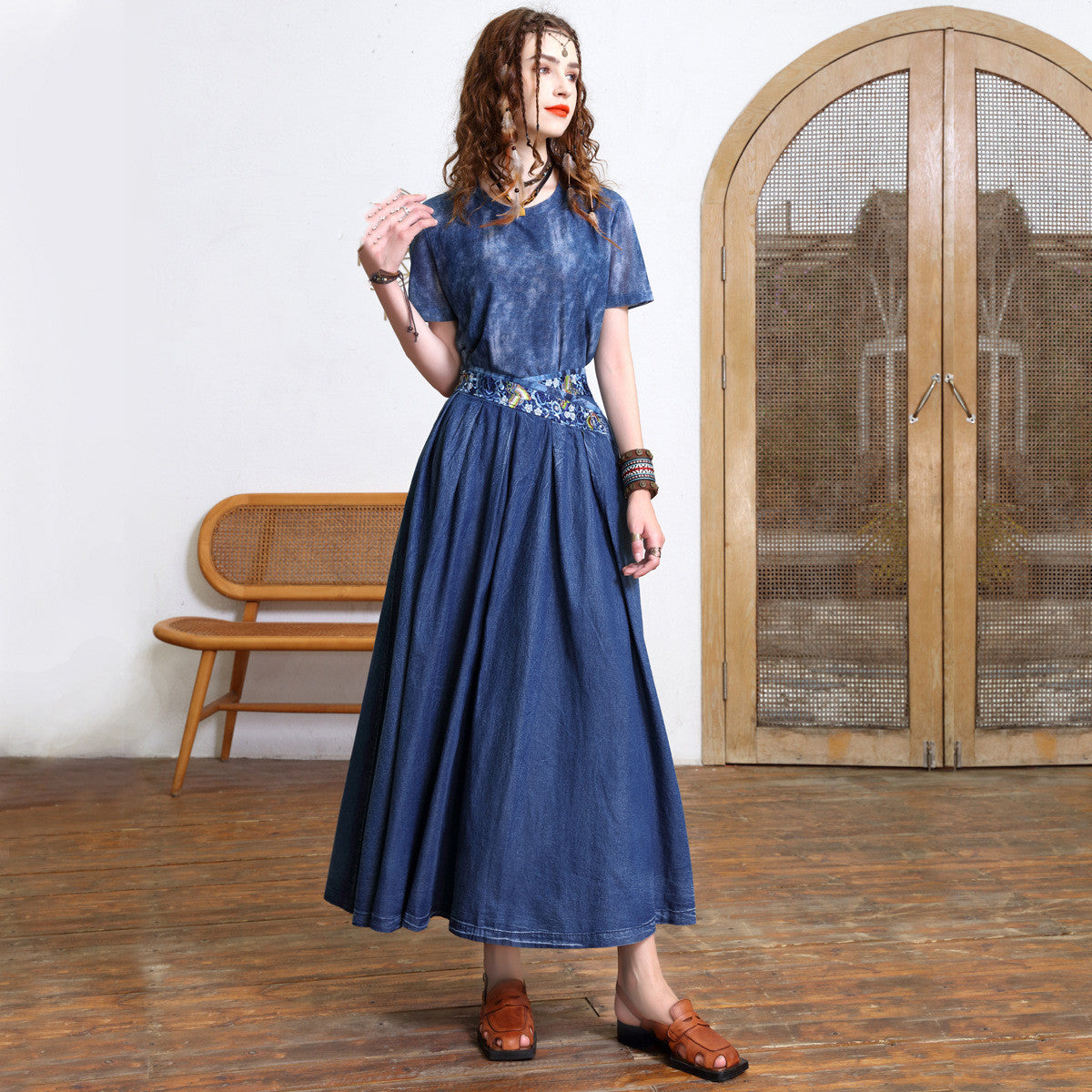 Women's Embroidery Versatile Retro Thin A-line Long Skirt