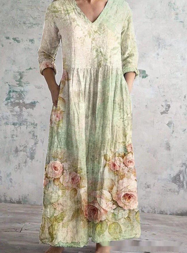 Womens 3D Floral Print Mid-Length Sleeve Dress With Patterned Background