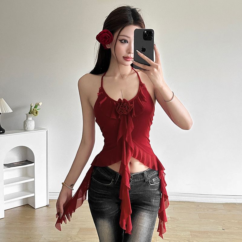 Pure And Alluring Three-Dimensional Floral Halterneck Sleeveless Tank Top