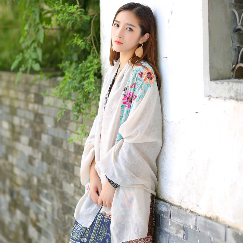 Ethnic Style Embroidered Floral Scarf Shawl Sunscreen Silk Female