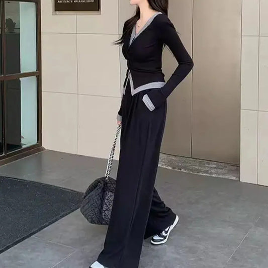 Plus Size Women's Fake Two-piece Top High Waist Wide Leg Pants Two-piece Set