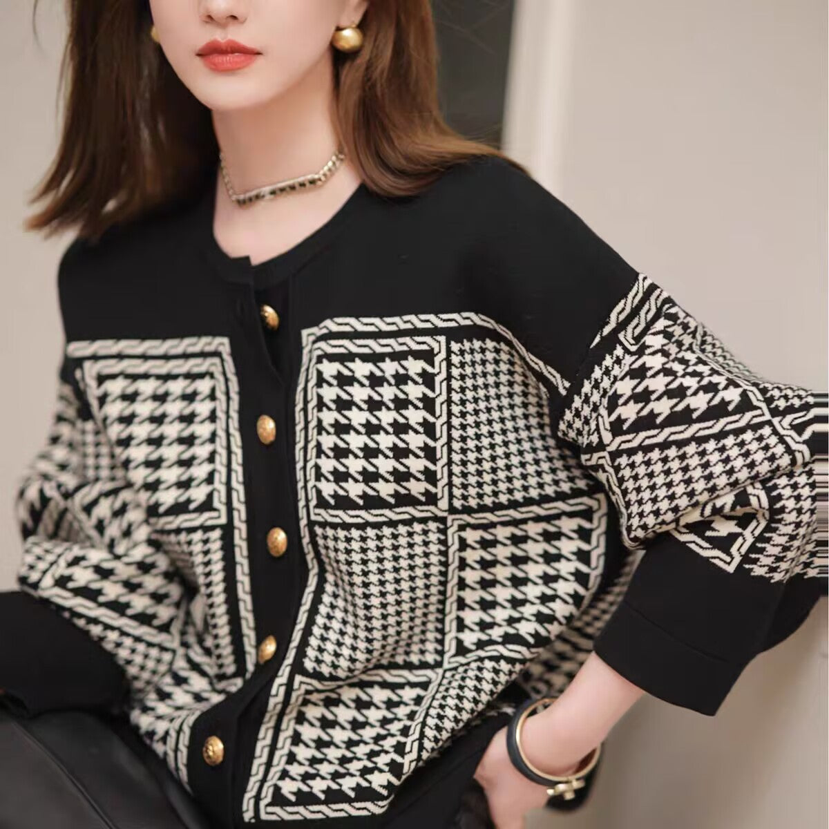 Plus Size Retro Houndstooth Knitwear For Women