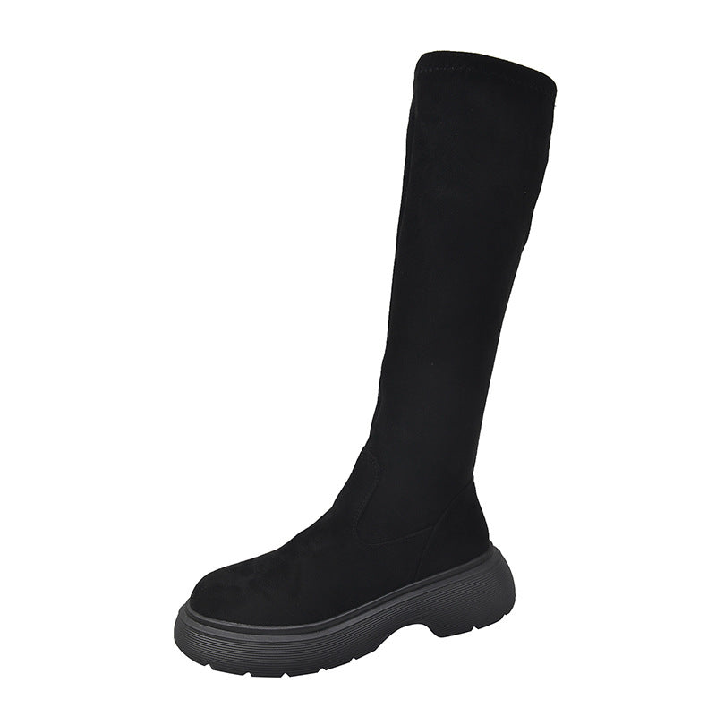 Womens Fashionable Round-toe Suede Chunky-soled Boots