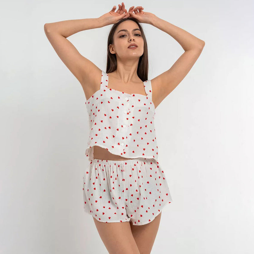 100 Cotton Designer Square-Neck Cami Top And Shorts Set With Heart Print Two-Piece Outfit