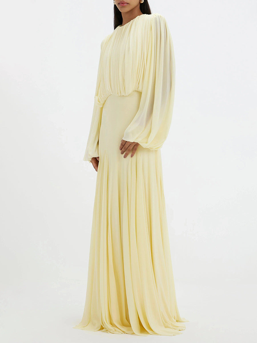Pleated Patchwork Waist-cinching Long Dress