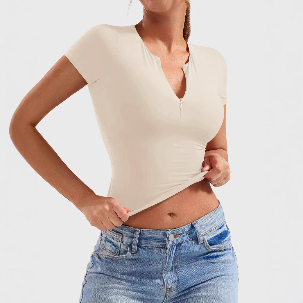Slim Fit Moderne Yoga Kortærmet Halvlynlås Top