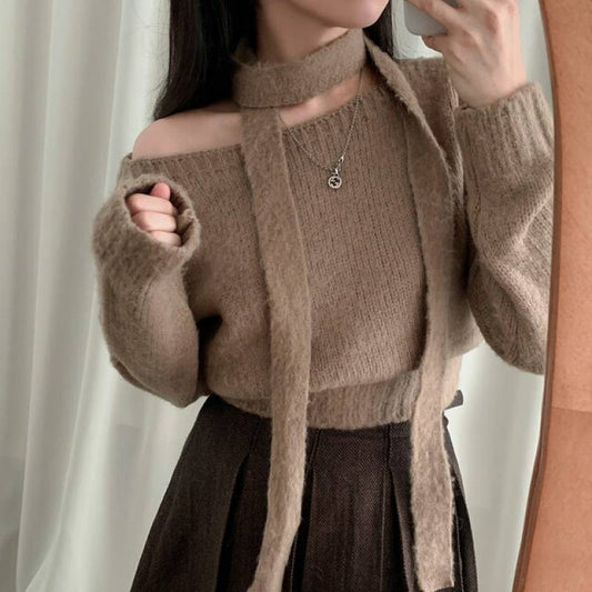 Women's Off-shoulder Long-sleeved Sweater Temperament Wild