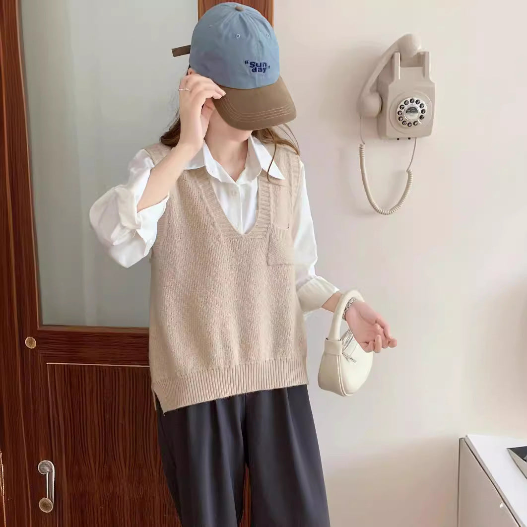 Casual  Girly Style Pocket V-neck Sleeveless Vest