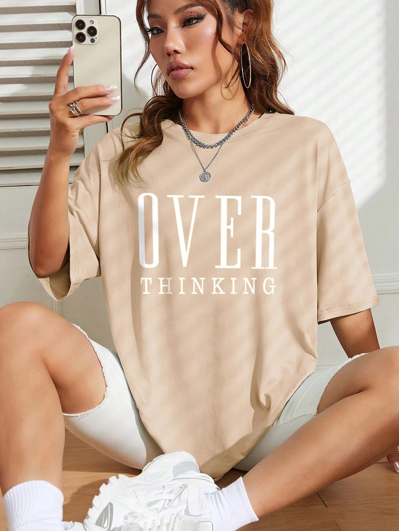 Over Thinking Letter Print Women Cotton Short Sleeve Breatha