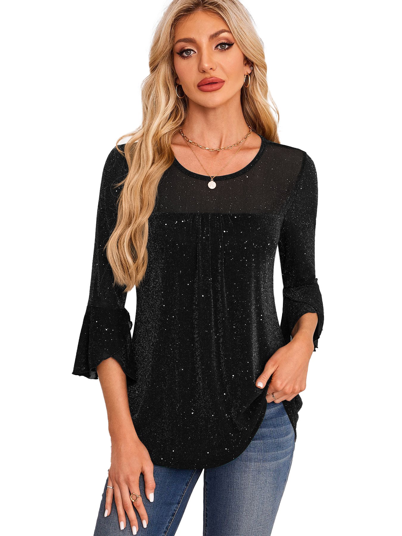 Summer Ruched Flare Sleeve Crew Neck Mesh Top Shirt