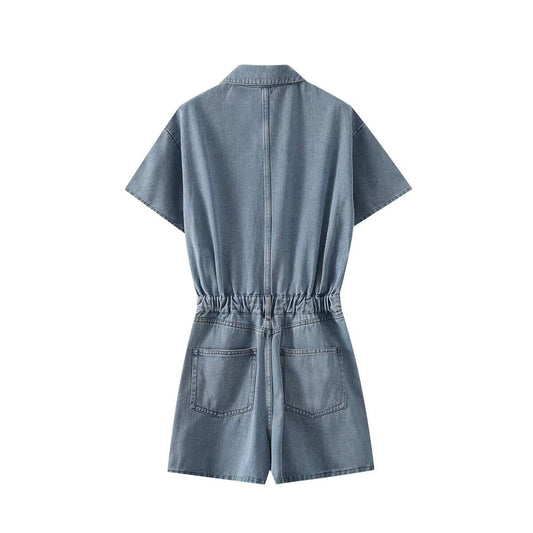 Summer New Women's Elegant Lapel Short Sleeve Waist-controlled Short Denim Jumpsuit