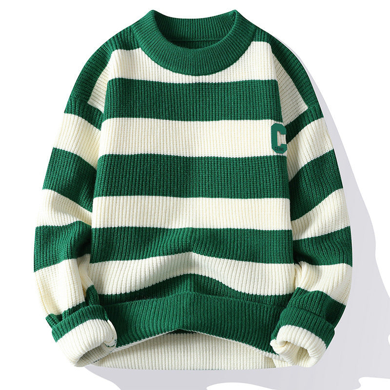 Efterårsbogstavstriber Mock Neck Sweater Flot Mands Strik Tide