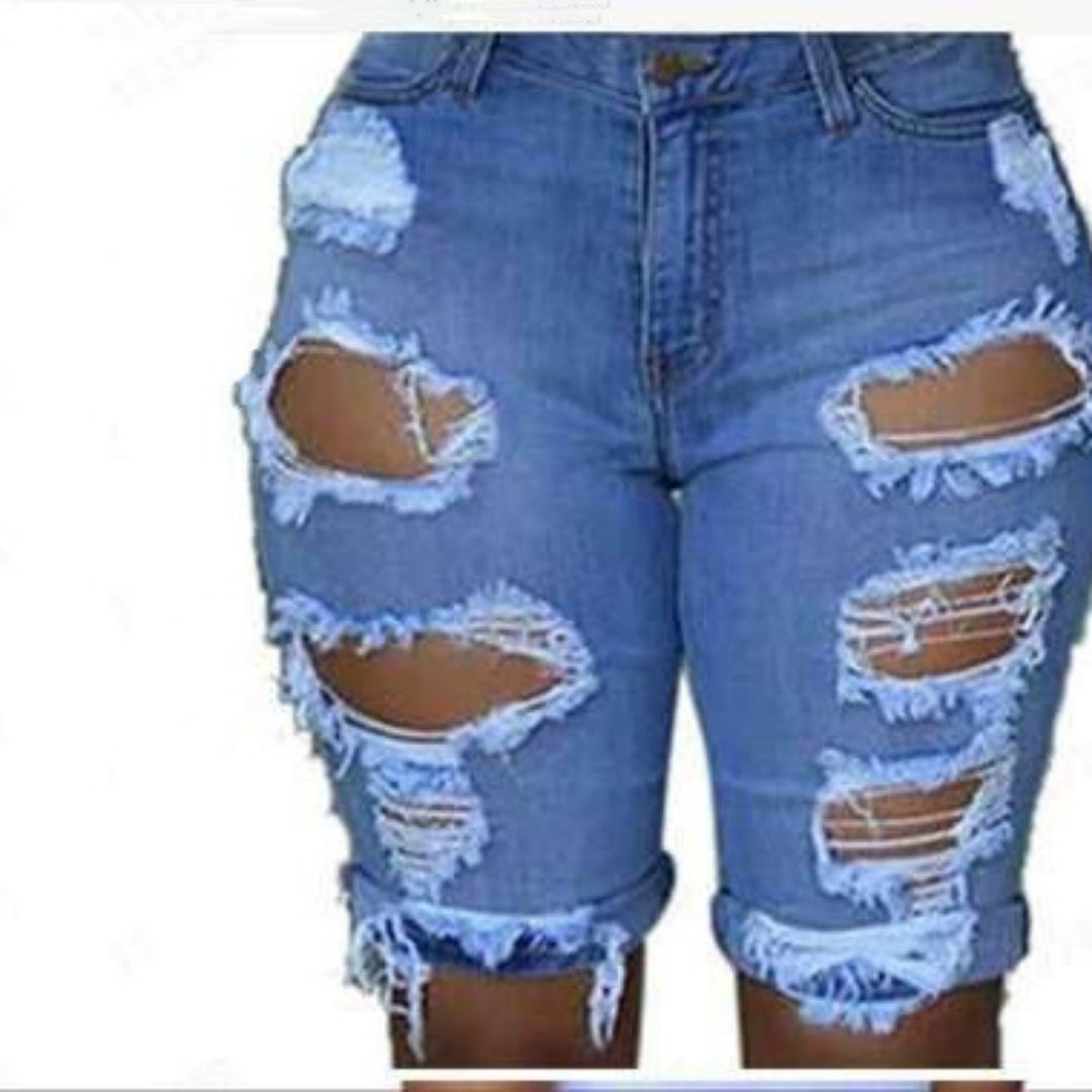 Jeansshorts med høj talje og huller til kvinder