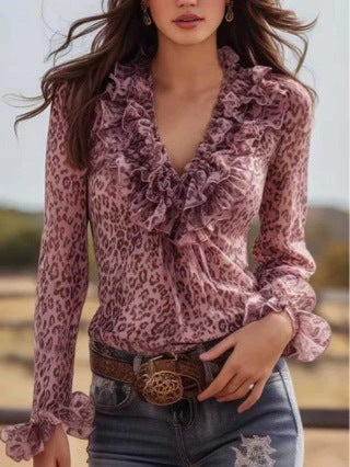 Leopard-print Chiffon V-neck Long-sleeve Shirt With Ruffled Lace Trim
