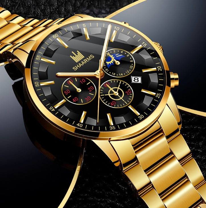 Stylish Round Large Dial Three-eye Calendar Quartz Watch