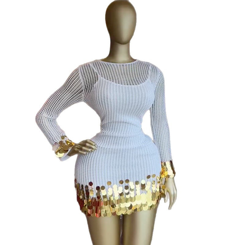Elegant Hollow-Out Crew Neck Spliced Sequin Bodycon Slip Dress