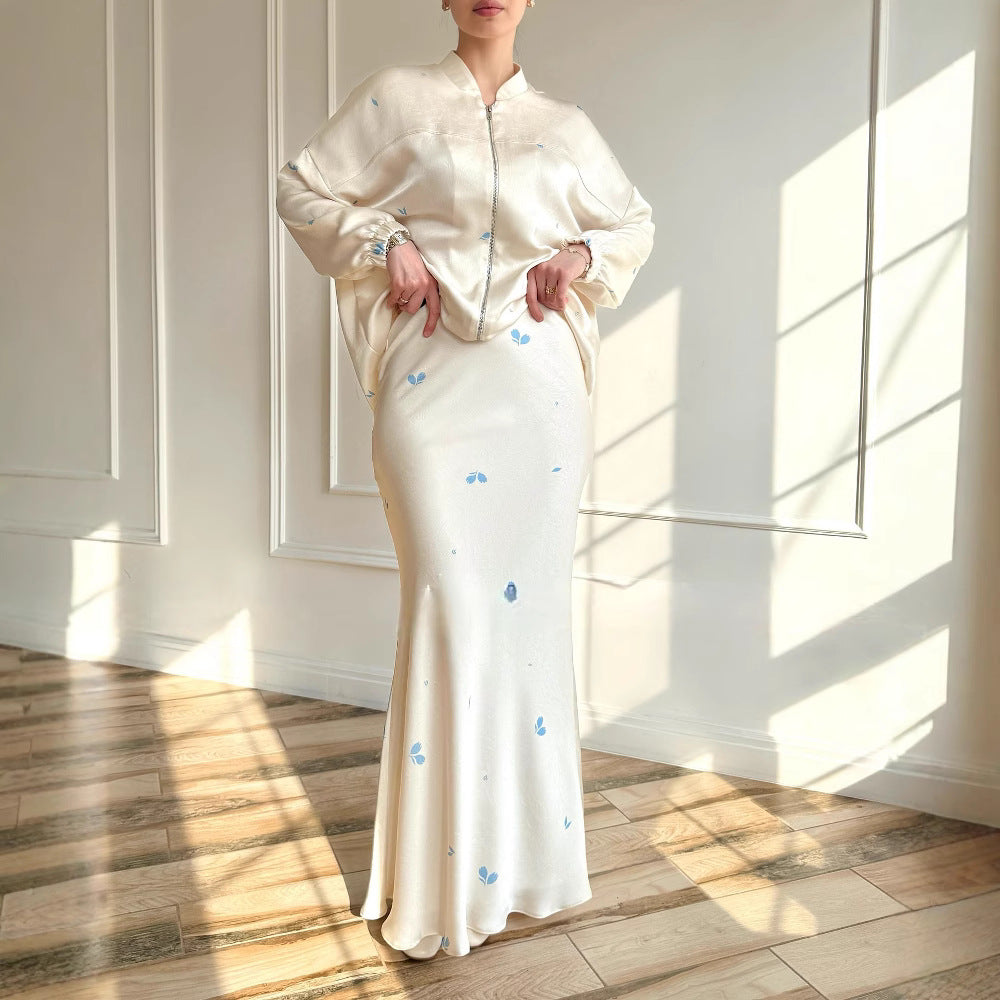 Women's Fashionable Printed Long-Sleeve Skirt Set