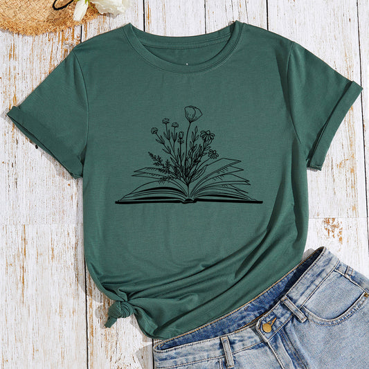 Dame blomsterbogtryk løs bomuldslignende T-shirt med rund hals og korte ærmer i store størrelser til kvinder
