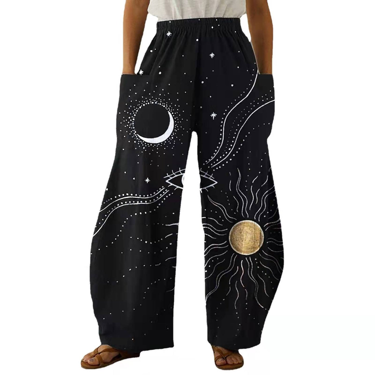 Summer Retro Elements 3D Printed Wide-leg Trousers Elastic Waist Comfortable Home European And American