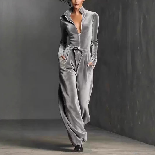 Womens Fashionable Sporty Casual Solid-Color Long-Sleeve Zippered Slim-Fit Jumpsuit