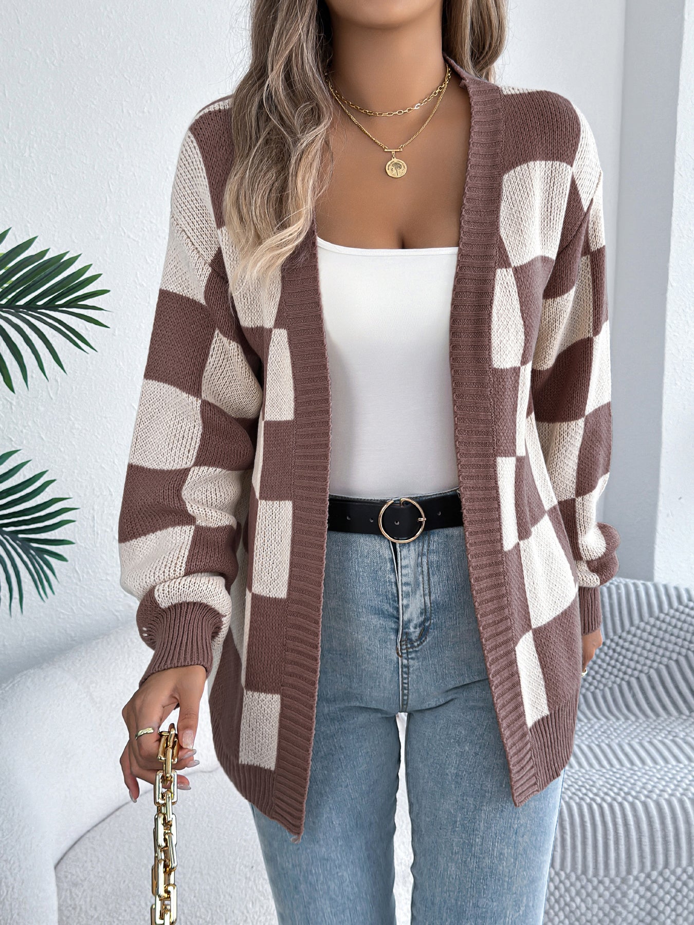 Color Block Plaid Lantern Sleeve Cardigan Sweater Mid-Length Coat