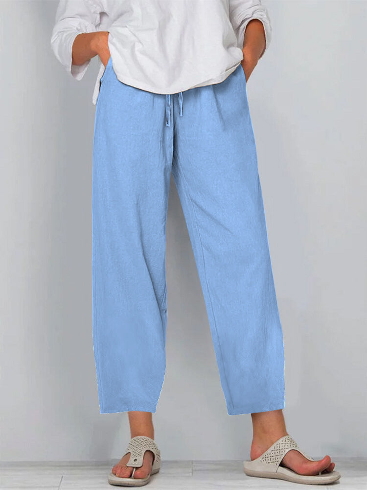 Elastic Waist Solid Color Cotton And Linen Wide Leg Casual Trousers