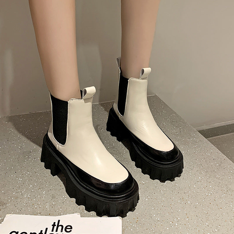 Women's Leather Mid-tube Thick-soled Thick-heel Martin Boots