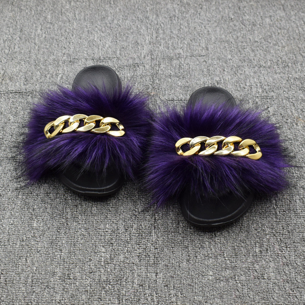 Fur Fur Slippers Chain Faux Fur Flip Flops