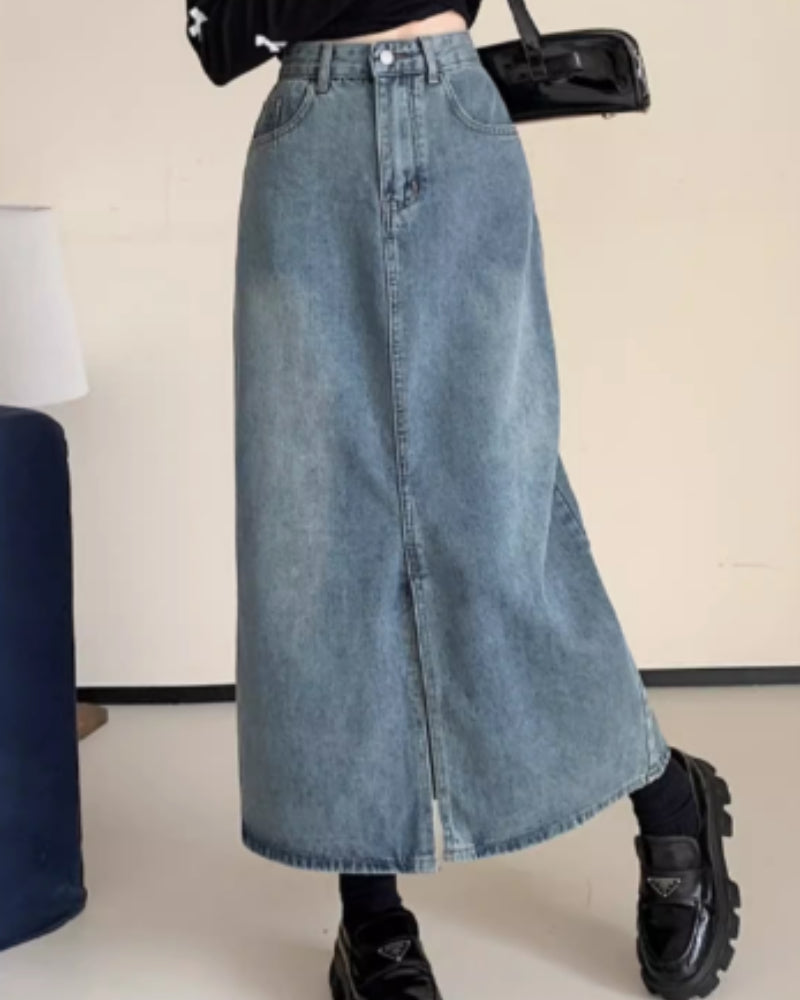 Hong Kong Style Retro Thin Denim Skirt, Mid Length For Women