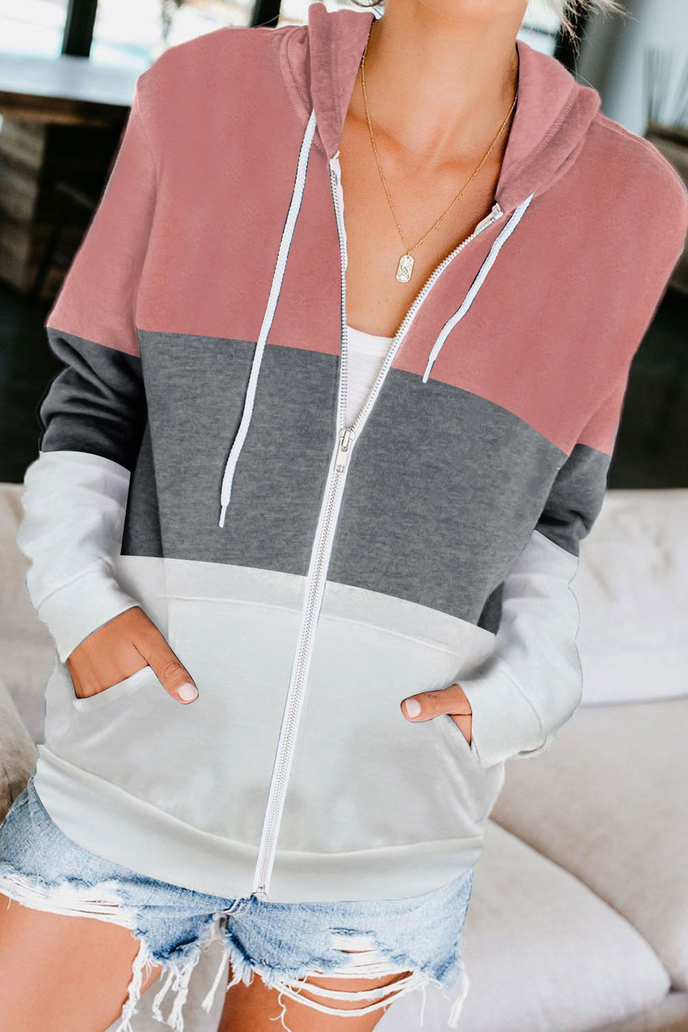 Long Sleeve Color Contrast Hoodie Women's Zipper Pocket Cardigan Jacket