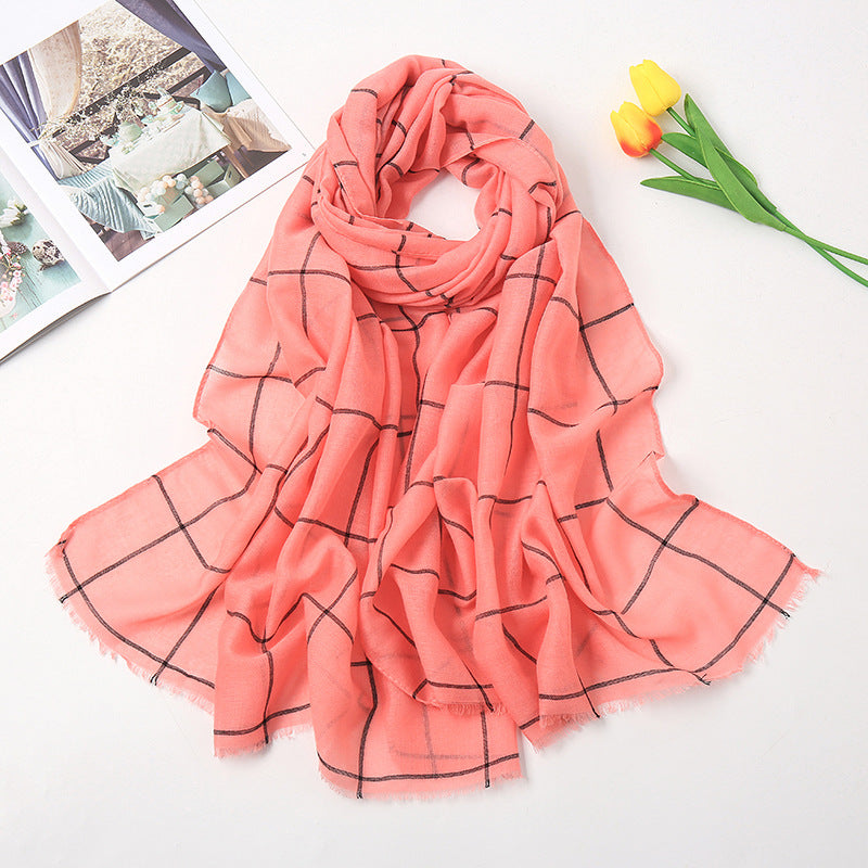 Checked Striped Cotton Linen Scarf