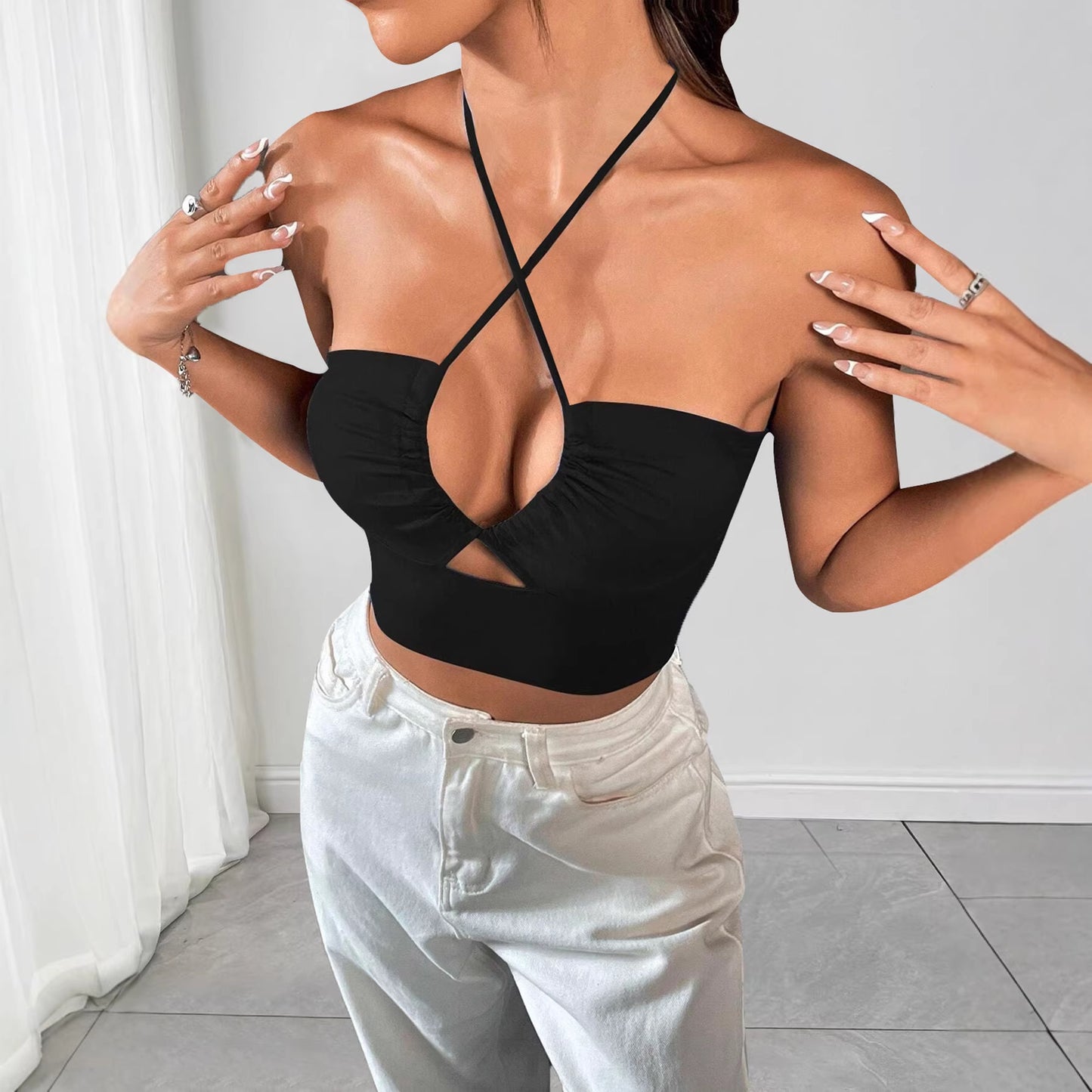 Womens Strap Drawstring Tank Top Slim Fit Cropped Design